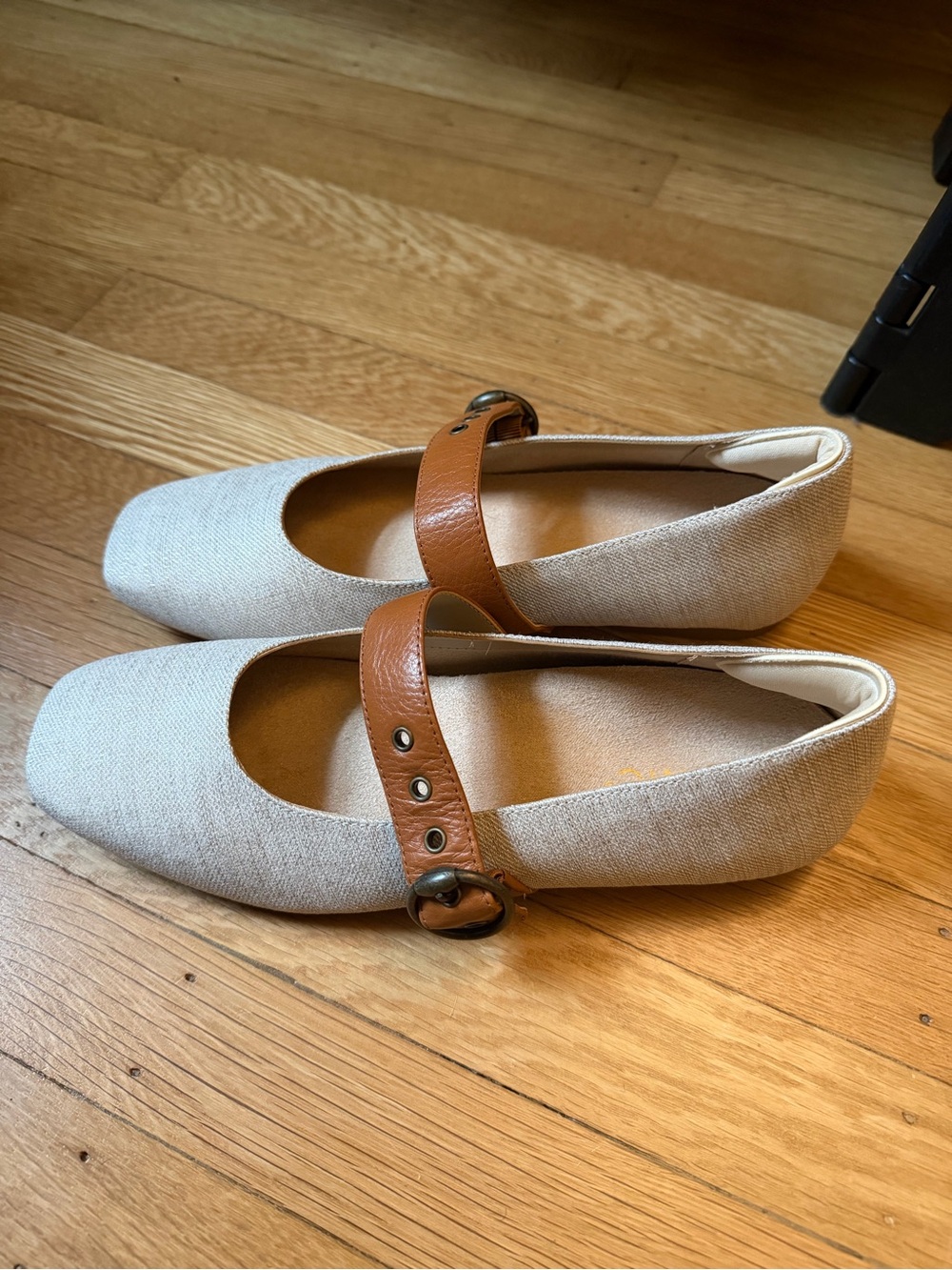 Vionic Beige Hattie Mary Jane Flats with Tan Leather Strap